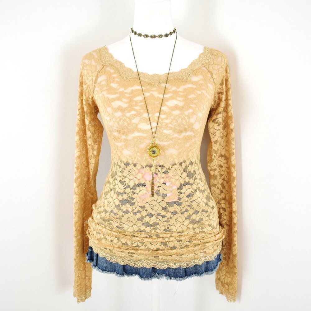 VTG 00s Y2K Moda International VS Tan Sheer Floral Lace Long Sleeve Top Sz S